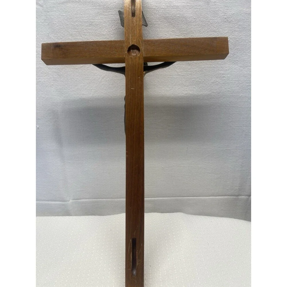Vintage 15” Wood & Brass INRI Crucifix Jesus Cross Catholic Christian Candle 2pc